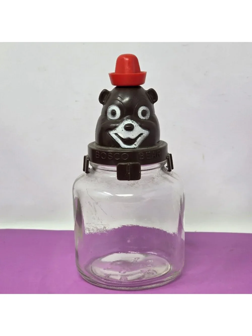 Vintage Bosco Bear Glass Jar Brown Plastic Lid & Red Hat Top Collectible Kitchen